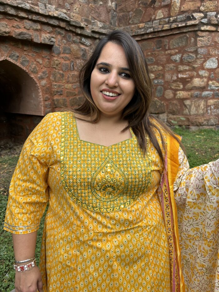 YELLOW EMBROIDERED ANARKALI KURTA DUPATTA SET