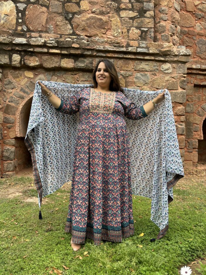 BLUE EMBROIDERED ANARKALI KURTA DUPATTA SET