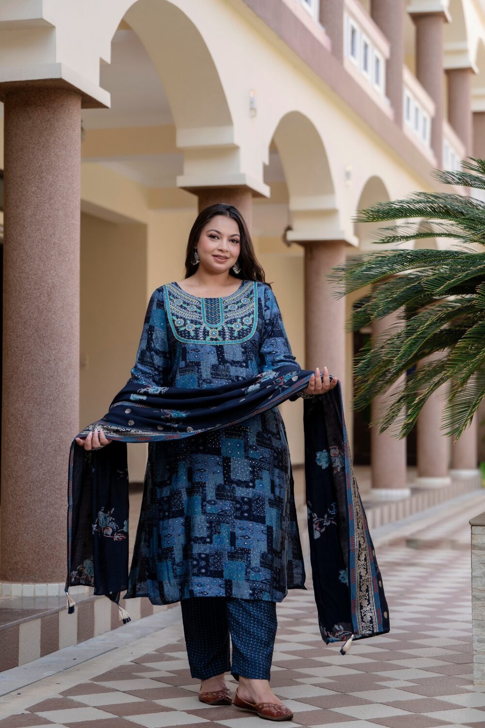 PURE MUSLIN BLUE & BLACK SUIT SET