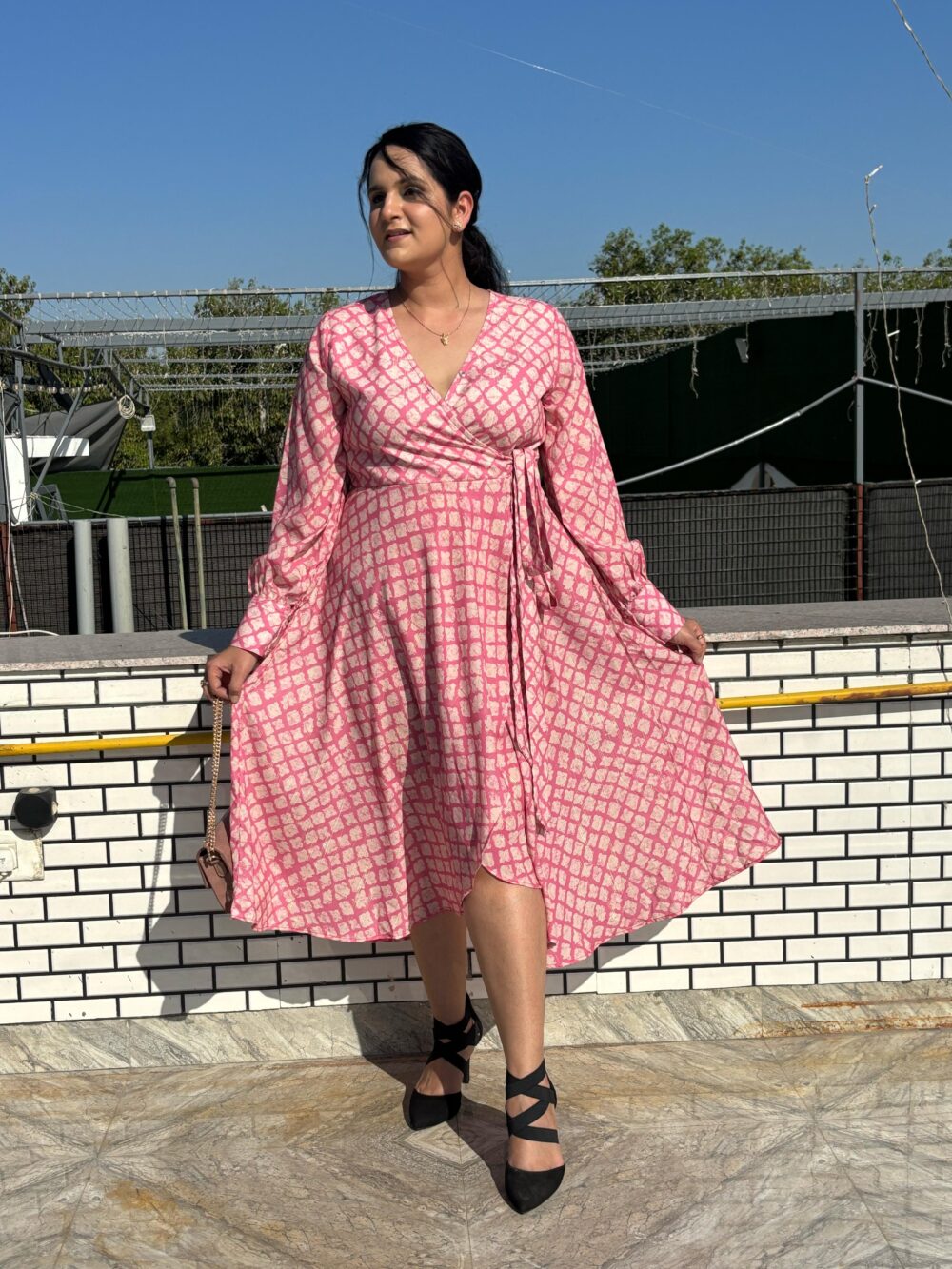Traditional V Neck Full Sleeve Wrap Midi Dress - Image 4