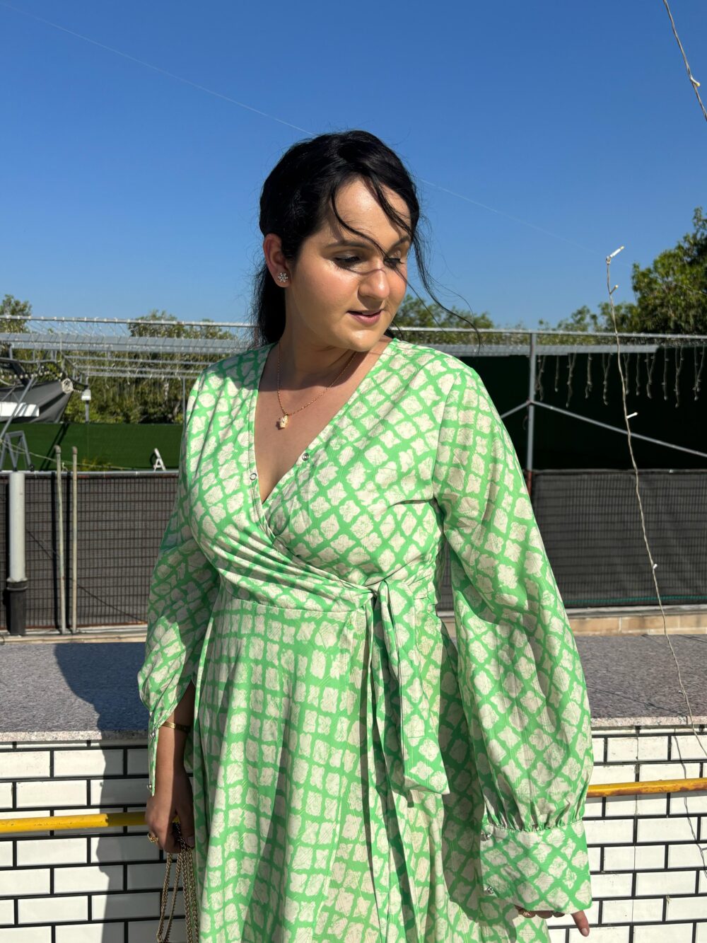 Traditional V Neck Full Sleeve Wrap Midi Dress