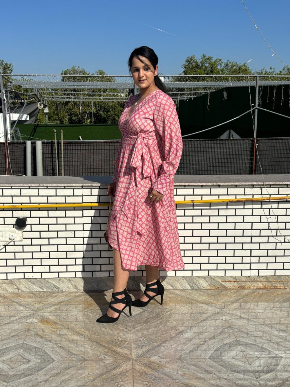 Traditional V Neck Full Sleeve Wrap Midi Dress - Image 3